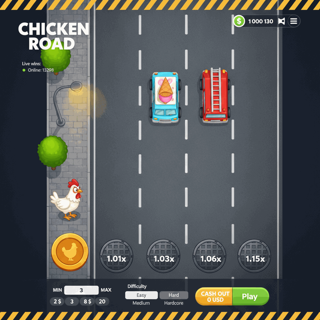 Chicken Road von InOut: das weiße Huhn wartet auf dem gepflasterten Gehweg, davor liegen die Fahrspuren mit Gullydeckeln von 1.01x bis 1.15x, ein blauer Eiswagen und ein rotes Feuerwehrauto rollen über die Fahrbahn, unten die Leiste mit Einsatz, Schwierigkeitsgrad und den Tasten Cash Out und Play